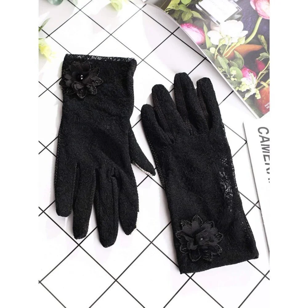 Women's Black Fingerless Floral Short Lace Gloves Party Tea Halloween Wedding